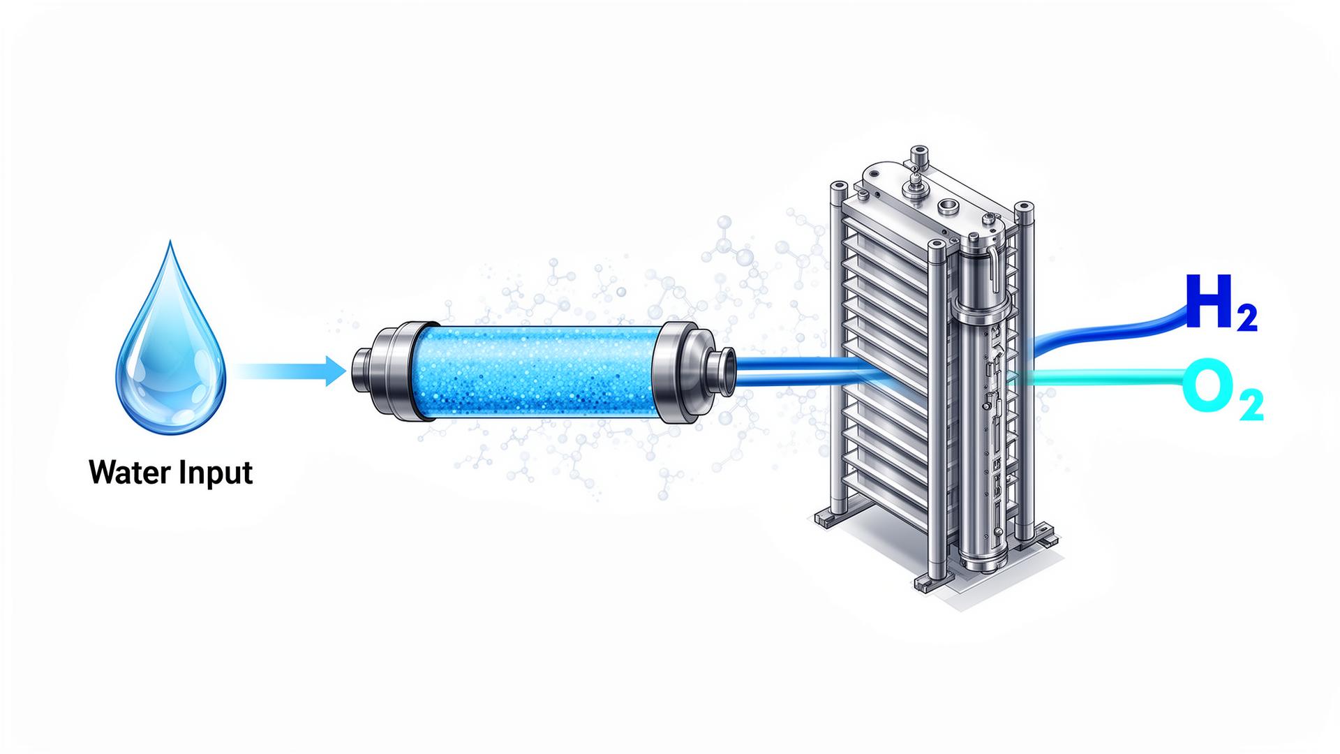 Flow diagram: water input through resin filter into electrolyser stack producing hydrogen and oxygen